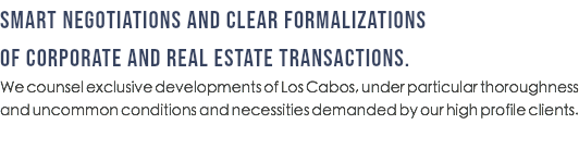 SMART NEGOTIATIONS AND CLEAR FORMALIZATIONS OF CORPORATE AND REAL ESTATE TRANSACTIONS. We counsel exclusive developments of Los Cabos, under particular thoroughness and uncommon conditions and necessities demanded by our high profile clients.